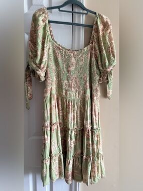 Agua Bendita Sage and Beige Smocked Dress